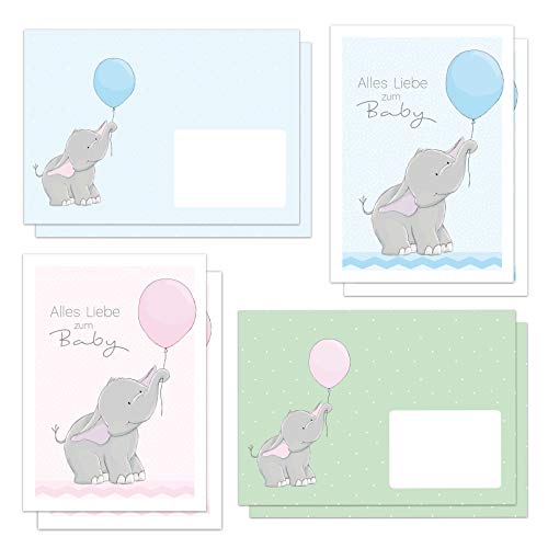 emufarm 4 niedliche Glückwunschkarten zur Geburt ELLY ELEFANT DIN A6 inklusive 4 Briefumschlägen (2 in rosa und 2 in hellblau) - alles Liebe zum Baby (4 Karten und 4 Umschläge) von emufarm