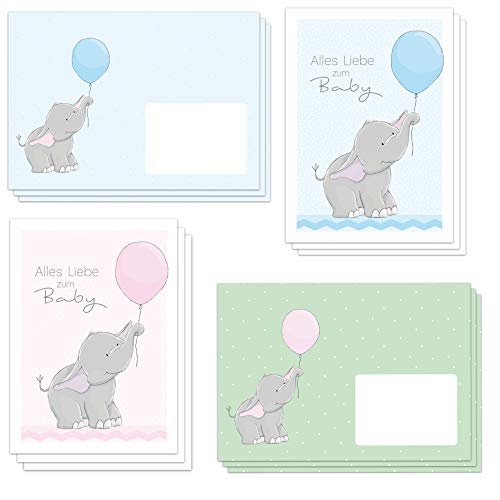 emufarm Glückwunschkarten zur Geburt/Taufe Baby ELLY ELEFANT DIN A6 inklusive 6 Briefumschlägen (3 in rosa und 3 in hellblau) - alles Liebe zum Baby (6 Karten und 6 Umschläge) von emufarm