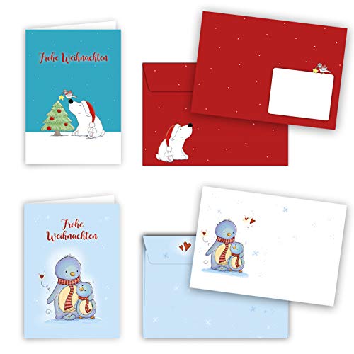 emufarm Weihnachtspost-Set PINGUIN & EISBÄR bestehend aus insg. 10 Weihnachtskarten mit 10 passenden Umschlägen als praktisches Set für liebe Weihnachtswünsche - Weihnachtskarten Set von emufarm