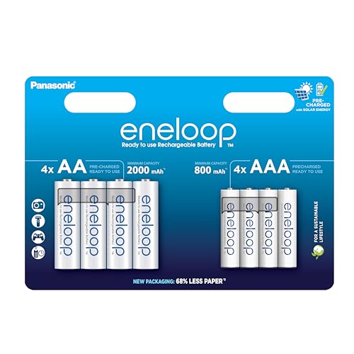 Panasonic eneloop, Ready-to-Use NI-MH Akku, 8er-Pack mit 4 AA & 4 AAA, verbesserte Kapazität, 2100 Ladezyklen, hohe Leistung, geringe Selbstentladung, wiederaufladbar, plastikfreie Verpackung von eneloop