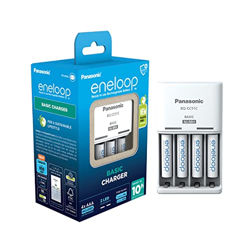 Panasonic eneloop Basic Ladegerät für 2 oder 4 AA/AAA NI-MH-Akkus, mit 2 LED-Anzeigen und 6 Sicherheitsfunktionen, inkl. 4 eneloop AAA/Micro-Akkus, verbesserte Kapazität von min. 800 mAh, BQ-CC51C von eneloop