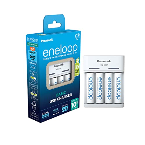 eneloop Basic USB-Ladegerät, für 2-4 AA/AAA NI-MH Akkus, 10 Stunden Ladezeit, 6 Sicherheitsfunktionen, inkl. 4 eneloop AA Akkus (2000 mAh) von eneloop
