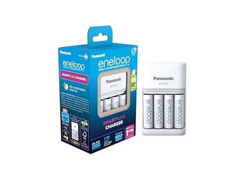 eneloop SmartPlus Ladegerät, für 1-4 AA/AAA NI-MH Akkus, 1.5 Stunden Ladezeit, 10 Sicherheitsfunktionen, inkl. 4 eneloop AA Akkus (2000 mAh) von eneloop