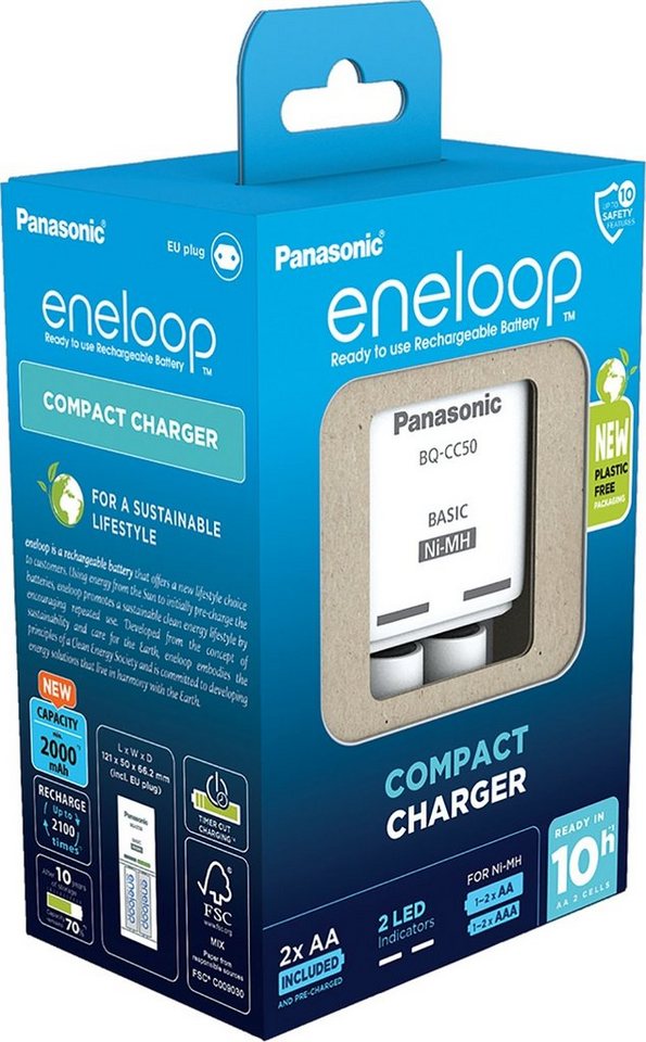 eneloop Eneloop BQ CC50 Mignon AA/Micro AAA Batterie-Ladegerät (NiMH Akku Ladegerät, 1 Stück, inkl. 2 Akkus (AA) von eneloop