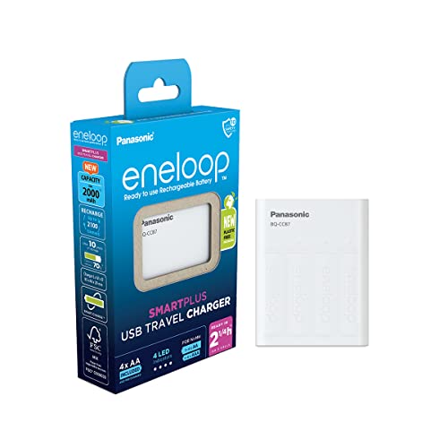 eneloop SmartPlus Travel USB-Ladegerät, für 1-4 AA/AAA NI-MH Akkus, 2.25 Stunden Ladezeit, 10 Sicherheitsfunktionen, inkl. 4 eneloop AA Akkus (2000 mAh) von eneloop