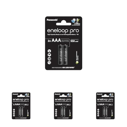 eneloop pro, AAA/Micro NI-MH Akku, 2er-Pack, Kapazität mit min. 930 mAh, Ready-to-Use NI-MH Akkus, bis zu 500 Mal wiederaufladbar, plastikfreier Verpackung, pro, schwarz (Packung mit 4) von eneloop