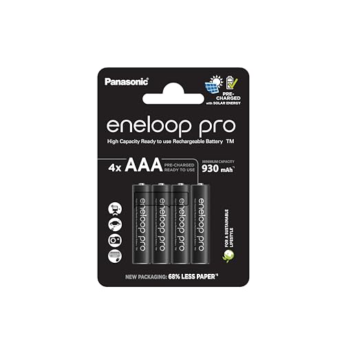 eneloop pro, AAA/Micro NI-MH Akku, 4er-Pack, Kapazität mit min. 930 mAh, Ready-to-Use NI-MH Akkus, bis zu 500 Mal wiederaufladbar, plastikfreier Verpackung, pro, schwarz von eneloop