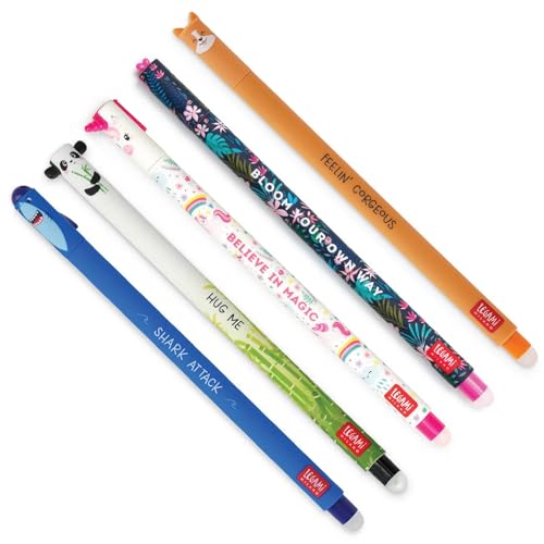 Legami Gelschreiber-Set – Set mit 5 Legami löschbaren Gelstiften, thermoempfindliche Tinte, 0,7 mm Spitze, Haifischblau, Flora Türkis, Panda-Schwarz, Einhorn-Pink, Corgi-Schwarz, mehrfarbig von enole