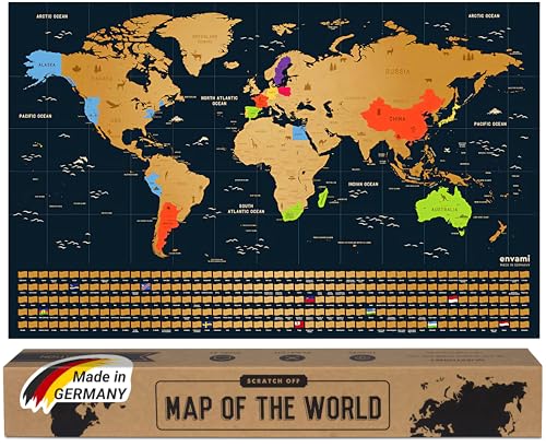 envami® Weltkarte zum Rubbeln I Gold I Made in Germany I Englisch I 68 x 43 cm I Landkarte zum Rubbeln I Weltkarte zum Freirubbeln I Rubbelweltkarte I Weltkarte zum Freikratzen I Scratch Off Map von envami
