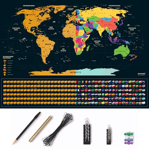 envami® Weltkarte zum Rubbeln XXL mit Zubehör I Deutsch I 80x60cm I Made in Germany I Rubbel Weltkarte I Scratch Off Map I Landkarte zum Freirubbeln I Rubbelkarte von envami