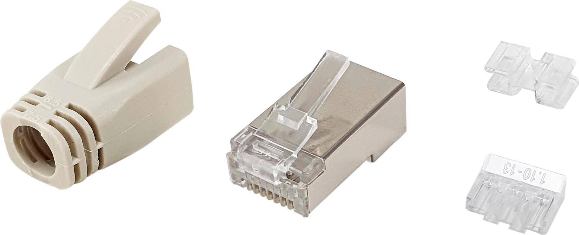 Equip Cat.6A RJ45 Geschirmter Stecker-Satz, 100 Stück pro Packung. Stecker: RJ-45, Produktfarbe: Edelstahl, Transparent, Weiß, Steckerverbindergeschlecht: Männlich. Gewicht: 5 g, Breite: 48 mm, Tiefe: 13,5 mm. Menge pro Packung: 100 Stück(e). Verpackungsbreite: 275 mm, Verpackungstiefe: 175 mm, Verpackungshöhe: 80 mm. Ursprungsland: China, Breite des Versandkartons: 440 mm, Länge des Versandkartons: 340 mm (121182) von equip