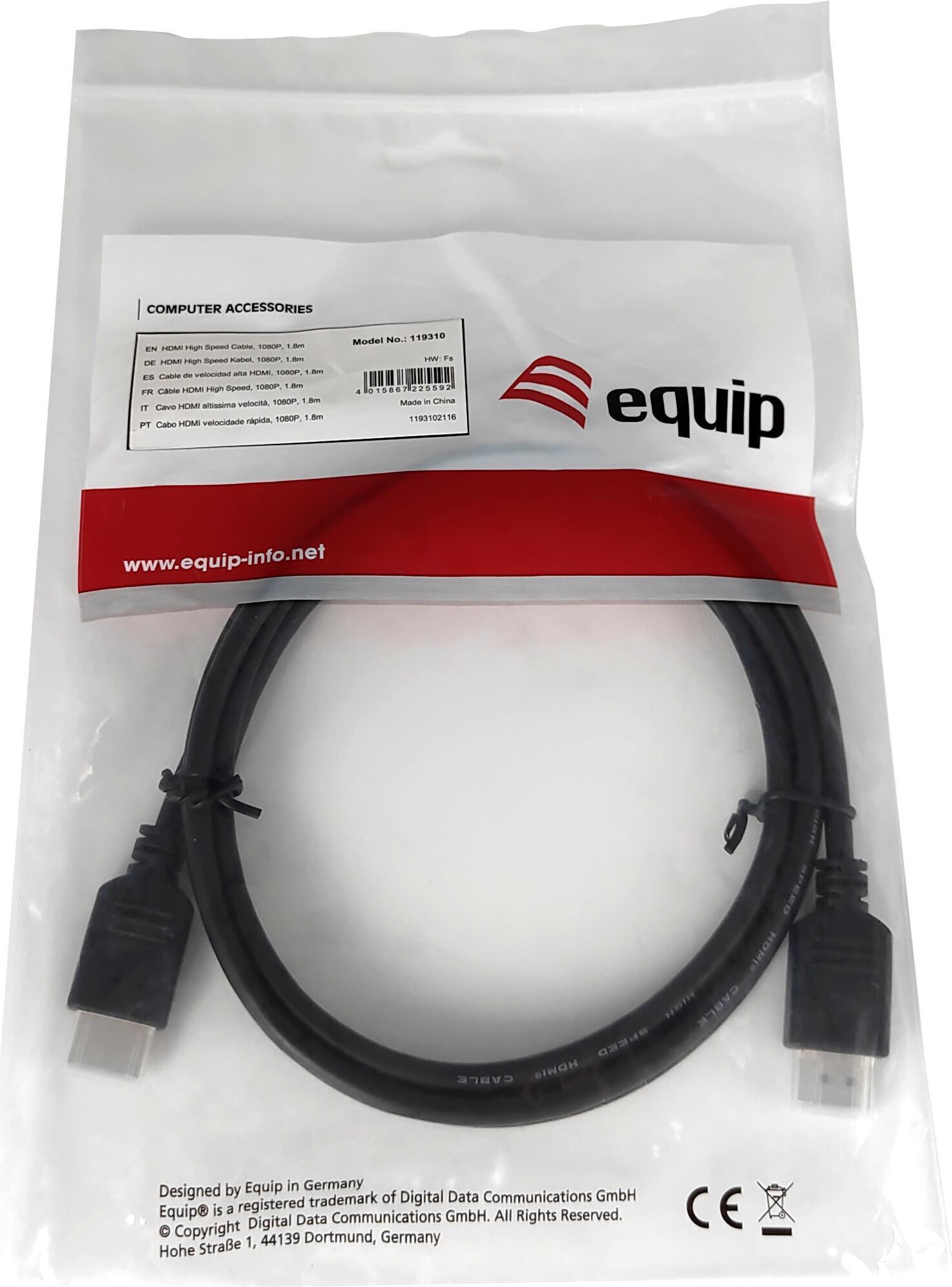 Equip HDMI High Speed Kabel - 1080P - 1.8 m - Schwarz - 1,8 m - HDMI Typ A (Standard) - HDMI Typ A (Standard) - 10,2 Gbit/s - Schwarz (119310) von equip