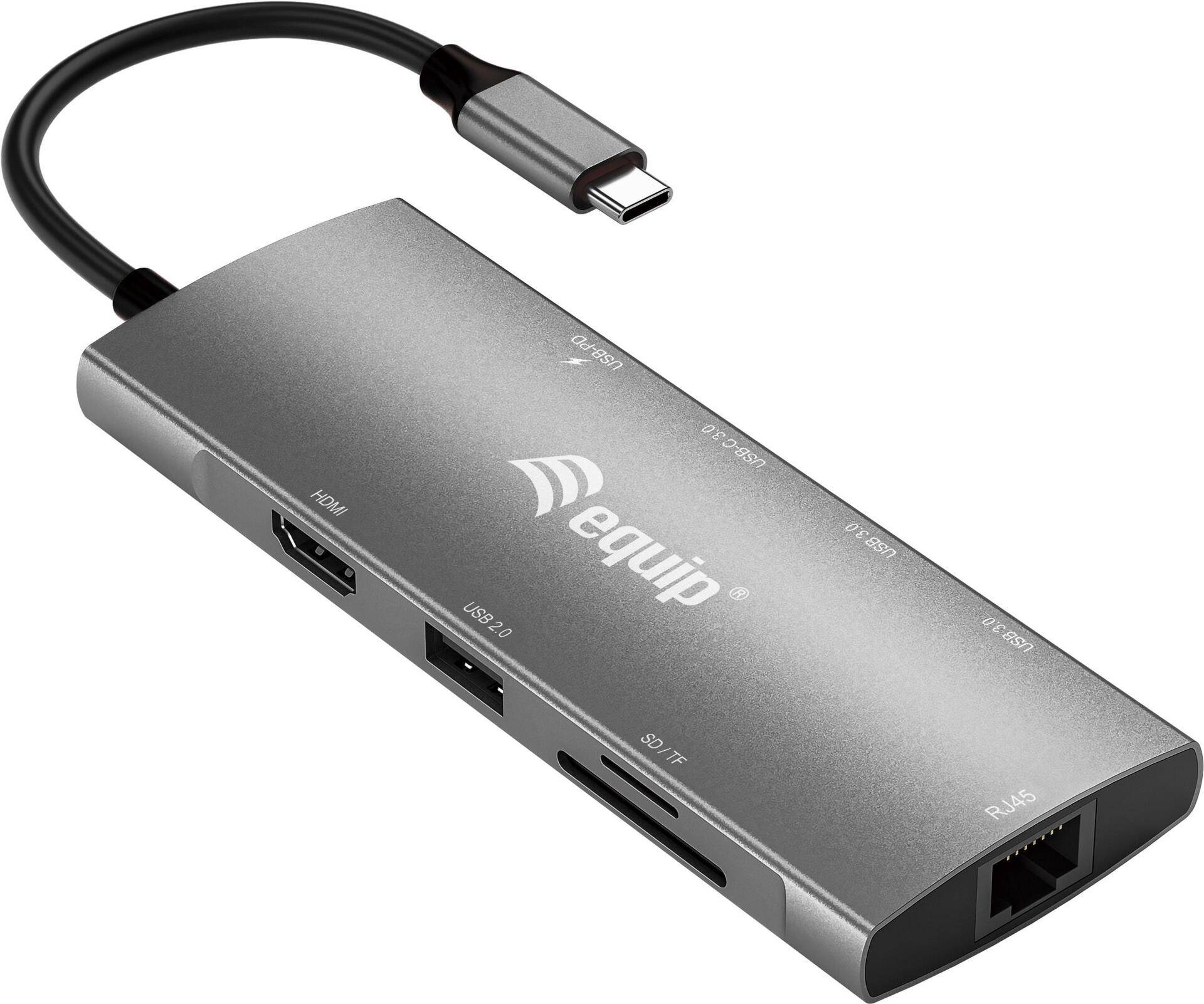 Equip USB-C 9-in-1-Multifunktionsadapter - HDMI 4K/60Hz - Gigabit LAN - USB 3.2 GEN1 - SD/TF - 100W USB PD - Kabelgebunden - USB 3.2 Gen 1 (3.1 Gen 1) Type-C - 100 W - 10,100,1000 Mbit/s - Grau - MicroSD (TransFlash) - SD - SDHC - SDXC (133490) von equip