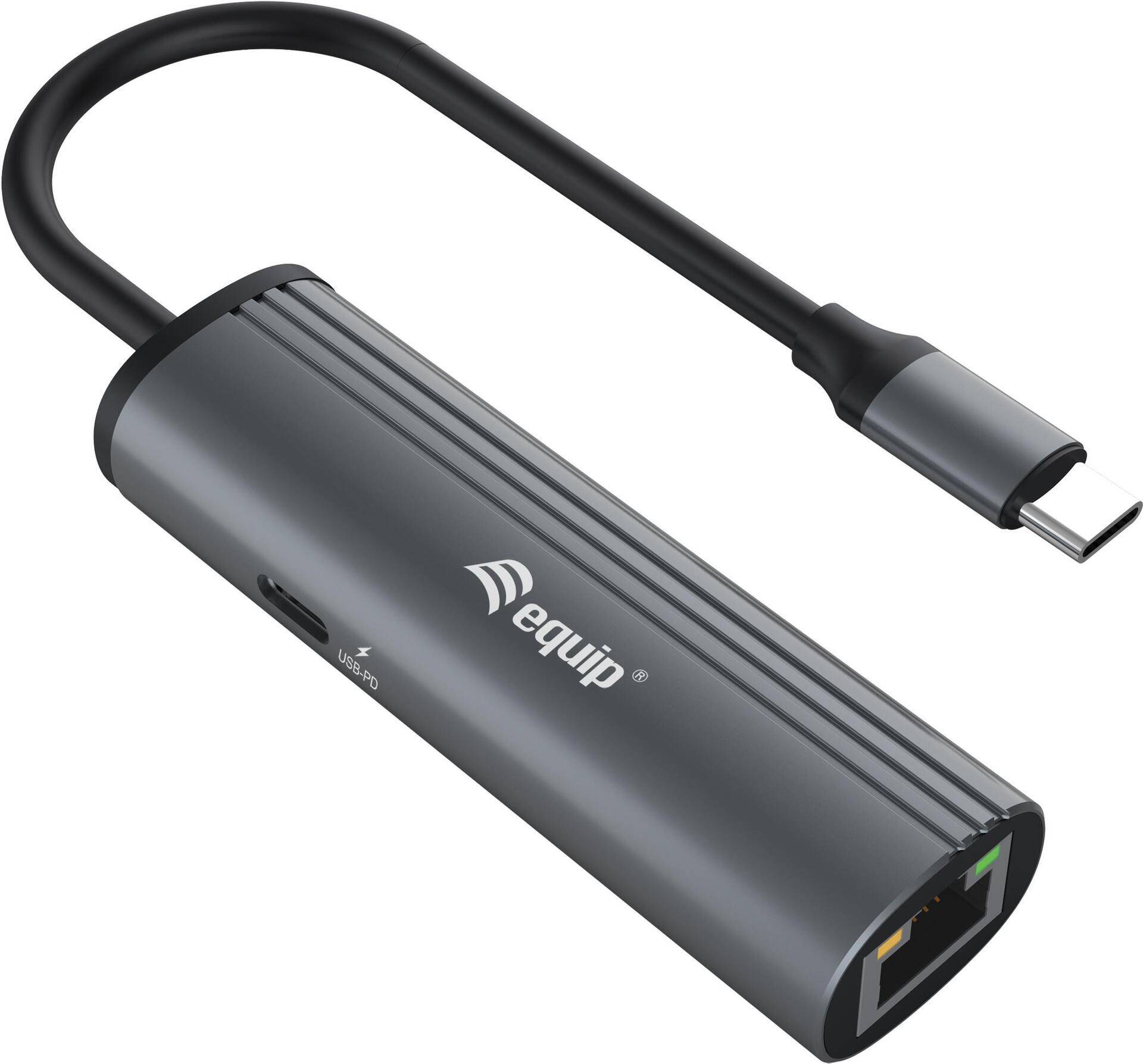 Equip USB-C-auf-RJ45-Gigabit-Netzwerk + PD-Adapter - USB Typ-C - RJ-45 - USB 3.2 Gen 1 (3.1 Gen 1) Type-C - 1000 Mbit/s - Schwarz - Grau - Aluminium - 100 W (133486) von equip