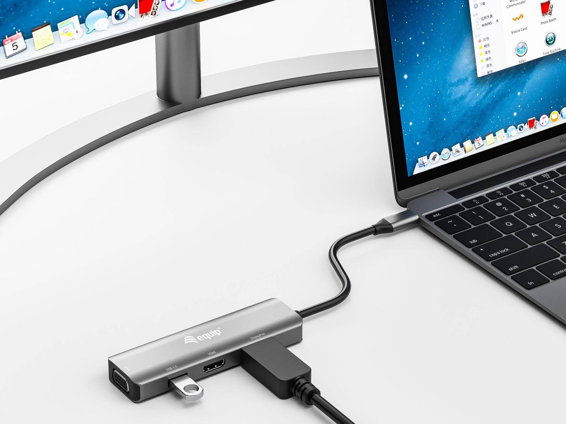 equip - Videoadapter - 24 pin USB-C männlich zu USB, HD-15 (VGA), HDMI, DisplayPort weiblich - 15cm - Silber - unterstützt 4K 60 Hz (3840 x 2160), unterstützt 1920 x 1080 bei 60 Hz (133485) von equip