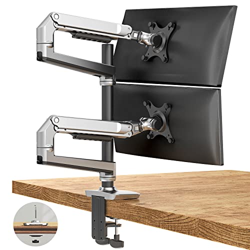 Ergounion Dual Monitor Halterung für 13-40 Zoll Flach- und Curved-Bildschirme, Einstellbare VESA Tischhalterung für 2 Monitore übereinander, 75x75 und 100x100 mm, Aluminium von ergounion