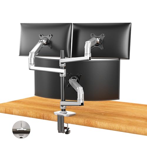 Ergounion Monitor Halterung 3 Monitore für 13-40 Zoll Flach & Curved Bildschirm, Einstellbare VESA Tischhalterung für 3 Monitore Höhenverstellbar, 11 kg pro Arm, 75x75 und 100x100 mm, Aluminium von ergounion