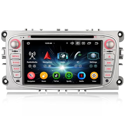 Android 14 Autoradio für Ford Focus S-Max C-Max Mondeo Focus Galaxy DVD Player GPS Navi Carplay Android Auto DSP Bluetooth 5.0 WiFi 4G DAB+ 8-Kern 4GB RAM 64GB ROM Silber von erisin