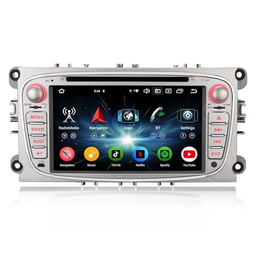 Erisin 8-Kern 4GB+64GB Android 14 Autoradio mit Navi GPS für Ford Focus Galaxy C-Max S-Max Mondeo 7 Zoll IPS Bildschirm Unterstützt Bluetooth CarPlay Android Auto WiFi 4G DSP DAB+ OBD2 CD DVD Canbus von erisin