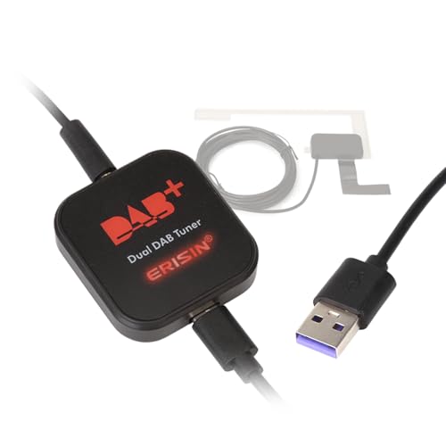 Erisin Dual Tuner DAB+ Empfänger für Android Autoradio, Automatische Signalumschaltung, Plug & Play, Audiophiler Sound Digital Radio Box Adapter Antenne mit Verstärktem Antennensatz von erisin