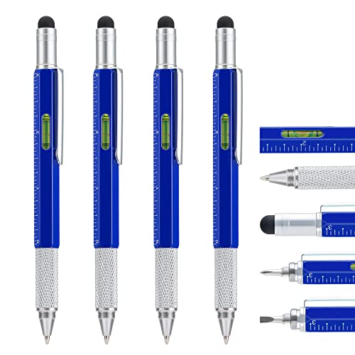 4 Stücke Multitool Pen Stift mit Extra Nachfüll, 6-in-1 Werkzeug mit Lineal & Schraubendreher, Multifunktions Metall Kugelschreiber, Cool Gadget für Männer, Geschenk für Mann Papa Vater Freund (Blau) von erofa