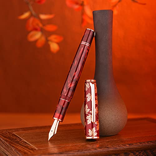 Hongdian N8 roter Füllfederhalter, Iridium-Feder, vergoldete Ahornblattschnitzkappe, glattes Schreiben, Acrylstift mit Konverter und Metallstiftetui-Set von erofa