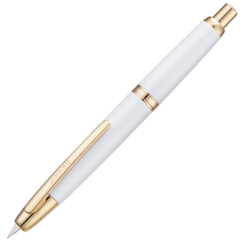 Jinhao 10 Series Press Füllfederhalter, Perlweiß, einziehbare feine Feder, mit Tintenkonverter und Stiftebox aus Metall (Goldene Clip-Version) von erofa