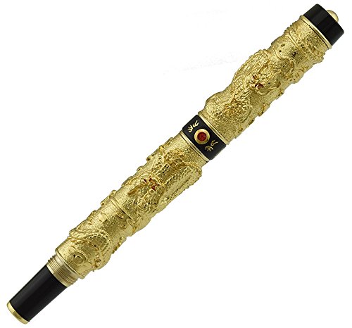 Jinhao Füllfederhalter, extra feine Feder, Doppel-Drachen-Spielperlenmuster, Kristallaugen, goldene Farbe mit Stifttasche von erofa