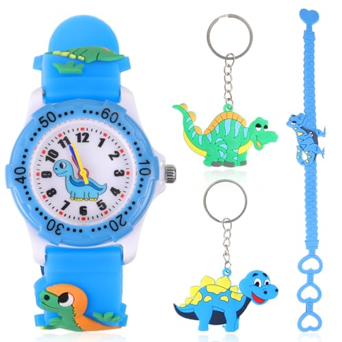 4 Pack Kinderuhr, Dinosaurier Uhr, Dinosaurier Uhren Set, Kinderuhr junge, Kinder Uhren für Jungen und Mädchen ab 3-10 Jahre, Schlüsselanhänger für Kinder Dino Geschenke für Geburtstag Party Zubehör von ertlutw