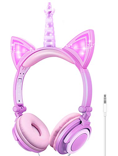 esonstyle Einhorn-Kinder-Kopfhörer, Over-Ear-Kopfhörer mit leuchtenden Katzenohren, sicher verdrahtet, für Kinder, 85 dB Lautstärkebegrenzung, lebensmittelechtes Silikon, 3,5 mm AUX-Buchse von esonstyle
