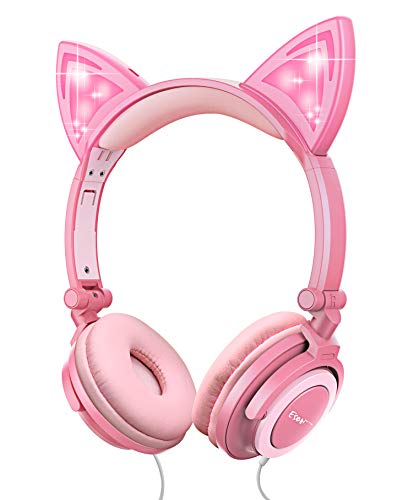 esonstyle Kinder-Kopfhörer mit leuchtenden Katzenohren, sicher verkabelt, 85 dB Lautstärkebegrenzung, lebensmittelechtes Silikon, 3,5 mm AUX-Buchse, Katze inspiriert, rosa Kopfhörer für Mädchen von esonstyle