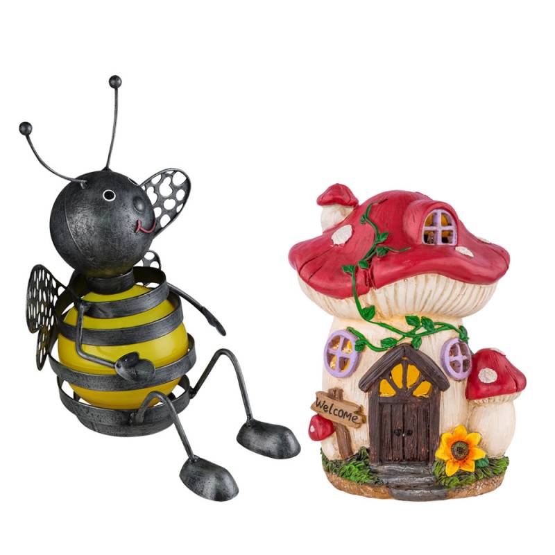 2er Set Solarleuchten, Biene schwarz gelb, Pilzhäuschen bunt von etc-shop
