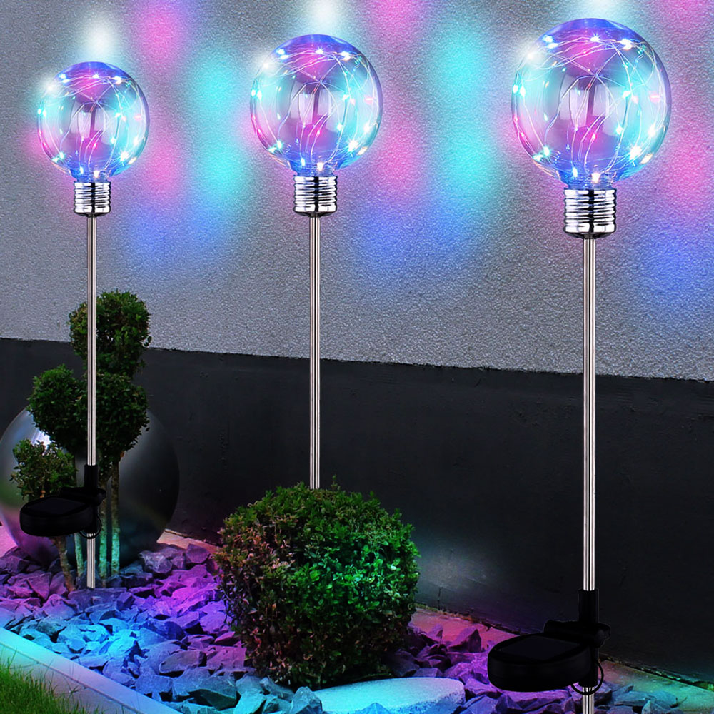 3er Set RGB LED Solarlampen, Edelstahl, Kugel-Design, H 72 cm von etc-shop
