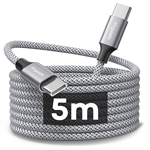 etguuds Extra Lang USB C auf USB C Kabel 5M, 60W USB C Ladekabel Nylon Schnellladekabel kompatibel mit Samsung Galaxy S24 Ultra S23 S22 S21 S20 S10, Pixel 7/8, Switch usw -Grau von etguuds