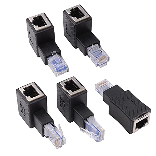 euroharry 5 Stück 90 Grad Ethernet Adapter, RJ45 Stecker auf Buchse, Adapter, geschirmt, Netzwerk Patch Anschluss, kompatibel mit Cat5 Cat6 von euroharry