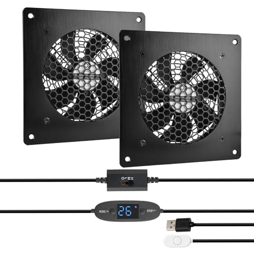 euroharry Digitalanzeige temperaturgesteuertes leises Lüftersystem, USB-Lüfter, 5V-Lüfter mit modernem gebürstetem schwarzem Aluminiumrahmen für Heimkino-AV-Schränke(2 Stück) von euroharry