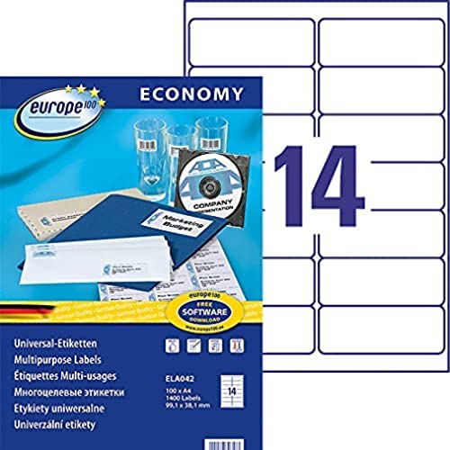 EUROPE 100 Mehrzweck-Etiketten, selbstklebend, 99,1 x 38,1 mm, Weiß, 1400 Stück von europe 100