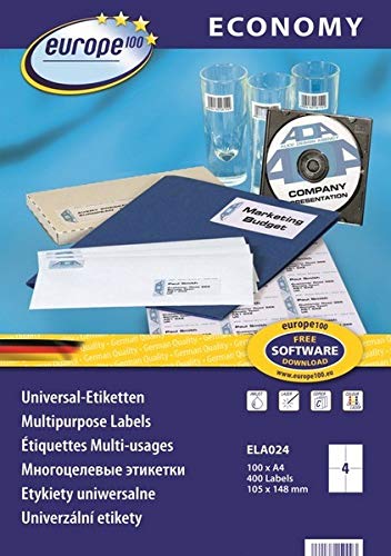 Europe100 Art. ELA024 Universal Etiketten (400 Klebeetiketten, 105x148,5mm auf A4, Papier matt, individuell bedruckbar, selbstklebende Versandaufkleber, kompatibel zu AVERY 3483) 100 Blatt, weiß von europe 100