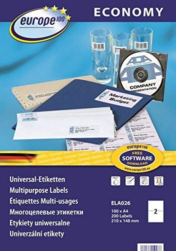Europe100 Art. ELA026 Universal Etiketten (200 Klebeetiketten, 210x148,5mm auf A4, Papier matt, individuell bedruckbar, selbstklebende Versandaufkleber, kompatibel zu AVERY 3655) 100 Blatt, weiß von europe 100