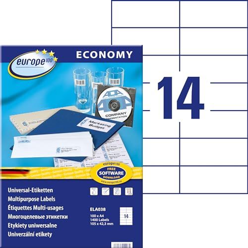 Europe100 Art. ELA038 Adressaufkleber (1.400 Klebeetiketten, 105x42,3mm auf A4, Papier matt, individuell bedruckbar, selbstklebende Adressetiketten, kompatibel zu AVERY 3653) 100 Blatt, weiß von europe 100