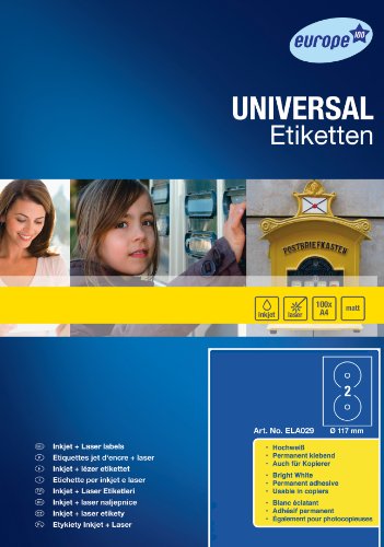 europe 100 ELA029 Premium KingSize CD-Etiketten, ø 117 mm, 100 Blatt, 200 Etiketten, weiß von europe 100
