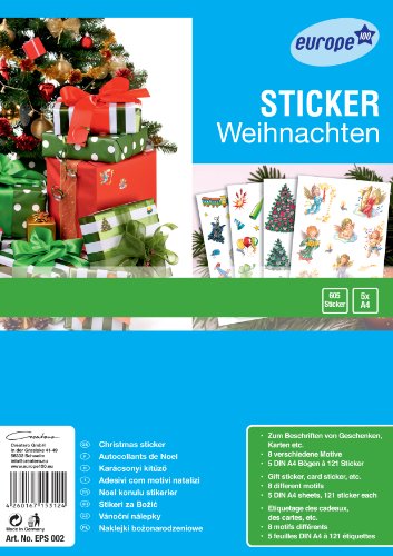 europe 100 EPS002 Weihnachtssticker, A4, 5 Blatt, 605 Etiketten, verschiedene Motive von europe 100