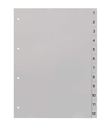 Ordnerregister 1-12, neutral, ohne Deckblatt, PP, 12-teilig, DIN A4, lichtgrau (3er Set) von europrotokoll