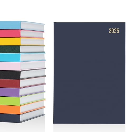 Jahresplaner 2025, A5, A4, 1 Seite pro Tag oder Wochenansicht, akademischer Terminkalender, 2 Seiten pro Tag, fester Einband, kompletter, mit Lesebändchen, Marineblau (in englischer Sprache) von evelay