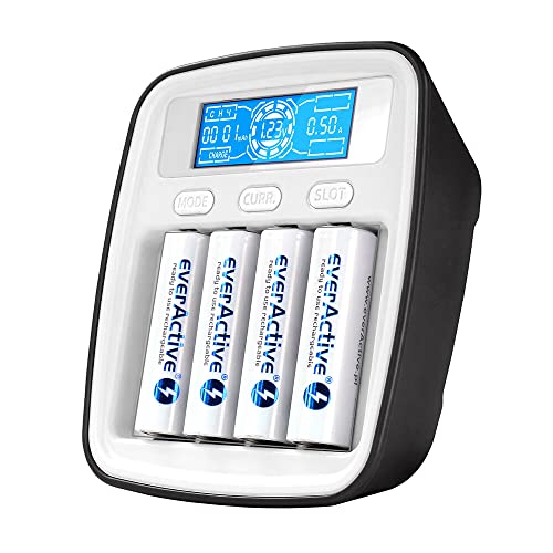 everActive Ladegerät für 4 Akkus AAA AA, professionell, schnell, LCD Anzeige, Kapazitätstest, USB-Typ-C-Buchse, Modell: NC1000M von everActive