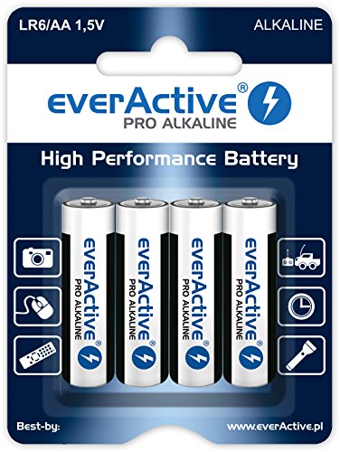 EverActive AA Batteries Pack of 4 Pro Alkaline Mignon LR6 R6 1.5V Highest Performance 10 Year Shelf Life - 4 Pack - 1 Blister Card, schwarz/ weiss von everActive