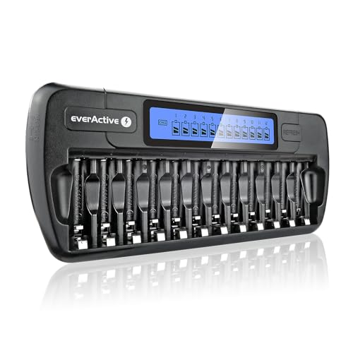 everActive Ladegerät für 12 Akkus AAA AA, schnelle Ladung - 4 Stunden Akku-Set, LCD Anzeige, Auffrischungsmodus, KFZ Adapter, Modell: NC-1200 von everActive