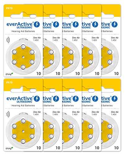 everActive 10, 60 Stück, Hörgerätebatterien, hohe Leistung, Zink-Luft-Batterien, 10 Blisterkarten, 4-jährige Haltbarkeit, gelb, Ultrasonic PR70 von everActive