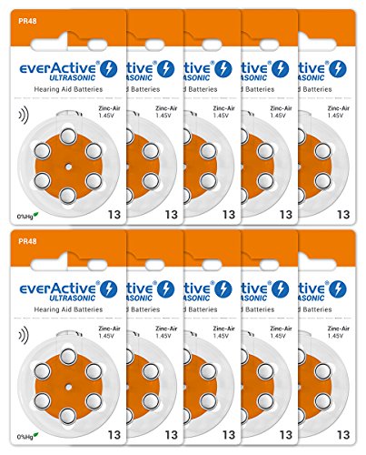 everActive 13, 60 Stück, Hörgerätebatterien, hohe Leistung, Zink-Luft-Batterien, 10 Blisterkarten, 4-jährige Haltbarkeit, orange, Ultrasonic PR48 von everActive