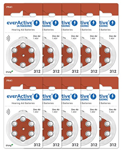 everActive 312, 60 Stück, Hörgerätebatterien, hohe Leistung, Zink-Luft-Batterien, 10 Blisterkarten, 4-jährige Haltbarkeit, braun, Ultrasonic PR41 von everActive